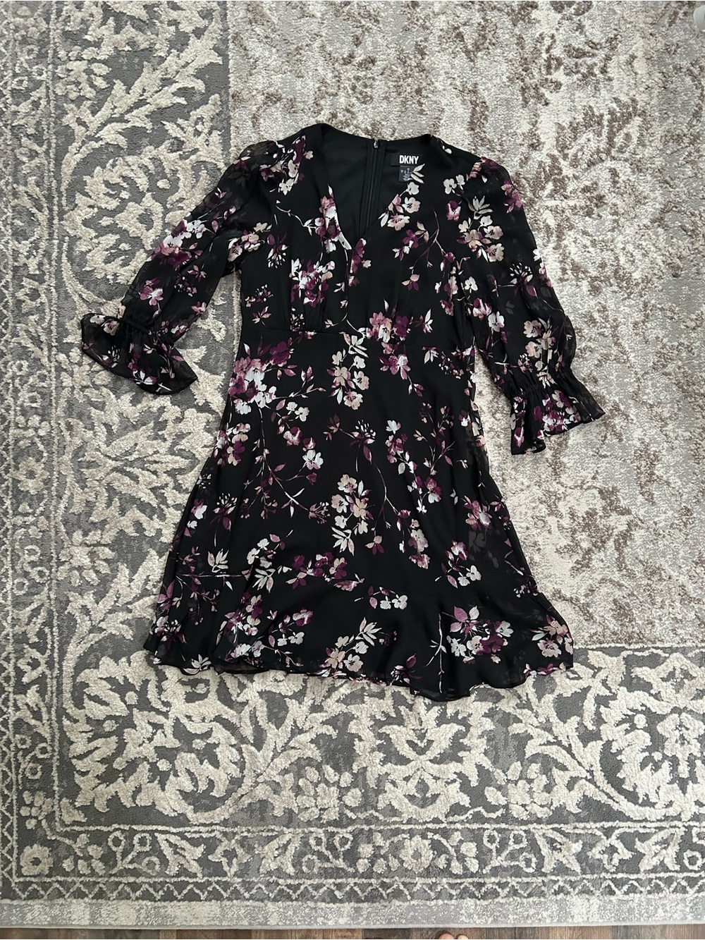 NWOT DKNY Black & Purple Floral Chiffon Midi Dress Size 8